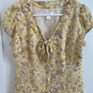LOFT Yellow Floral Blouse with Tie Front